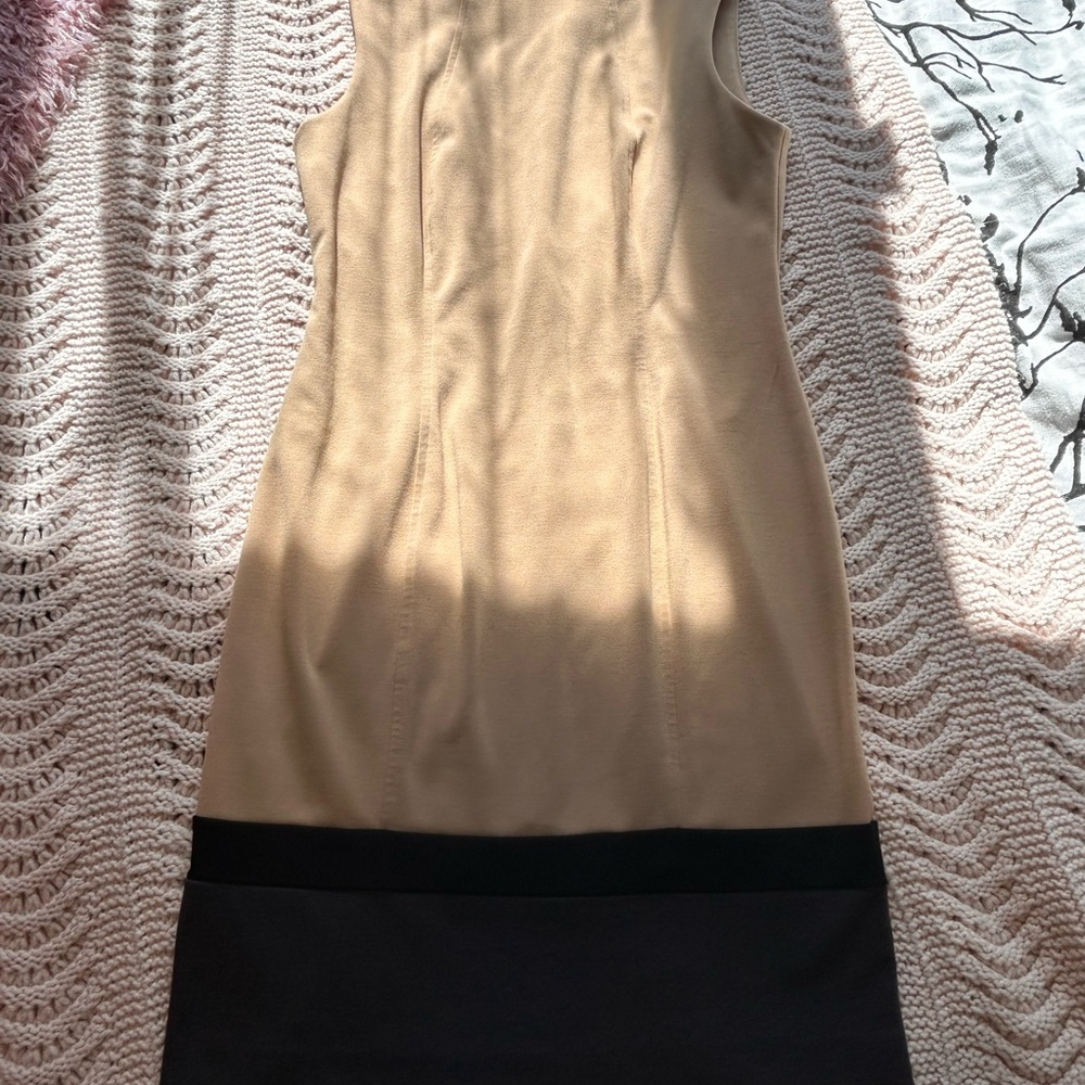 Calvin Klein Cream, Black, and Grey Sleeveless Sheath Midi Dress
